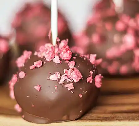 Klassischer Schoko-Cakapop mit Erdbeerfüllung. Topping aus getrockneten Erbeerstücken.