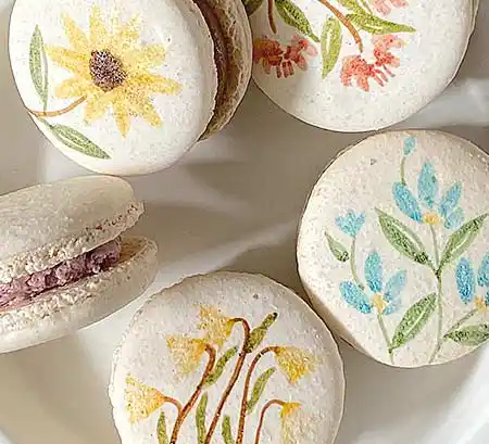 Mit Blumenmotiven handbemalte Macarons auf Teller.