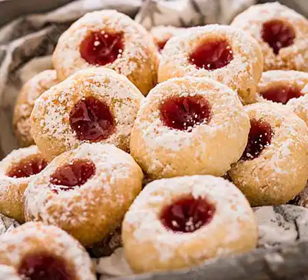 Runde Plätzchen mit Marmeladenfüllung.