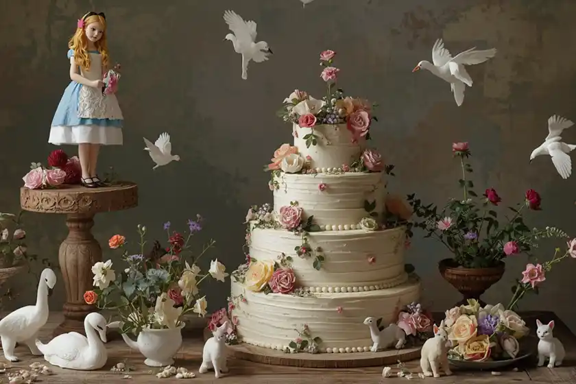 Stilleben mit Torte und fliegenden Zuckervögeln und Alice aus dem Wunderland