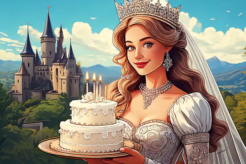 Zeichnung in Disneyart vor einem Schloß von einer Prinzessin die eine Hochzeitstorte hält.