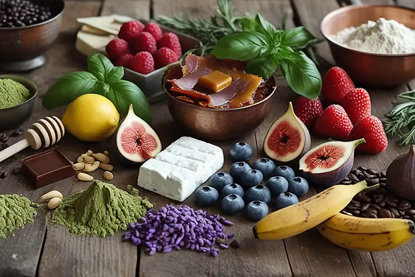 Stilleben mit verschiednen Lebensmitteln mit altem Holztisch