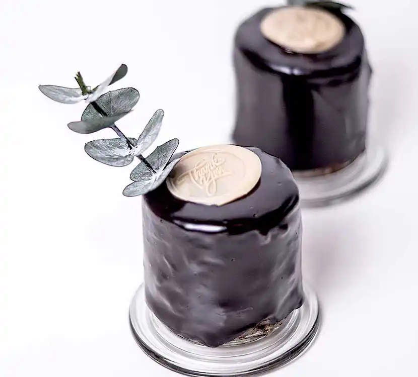 Schwarze Schokoladentorte mit weißem Schokostempel    .