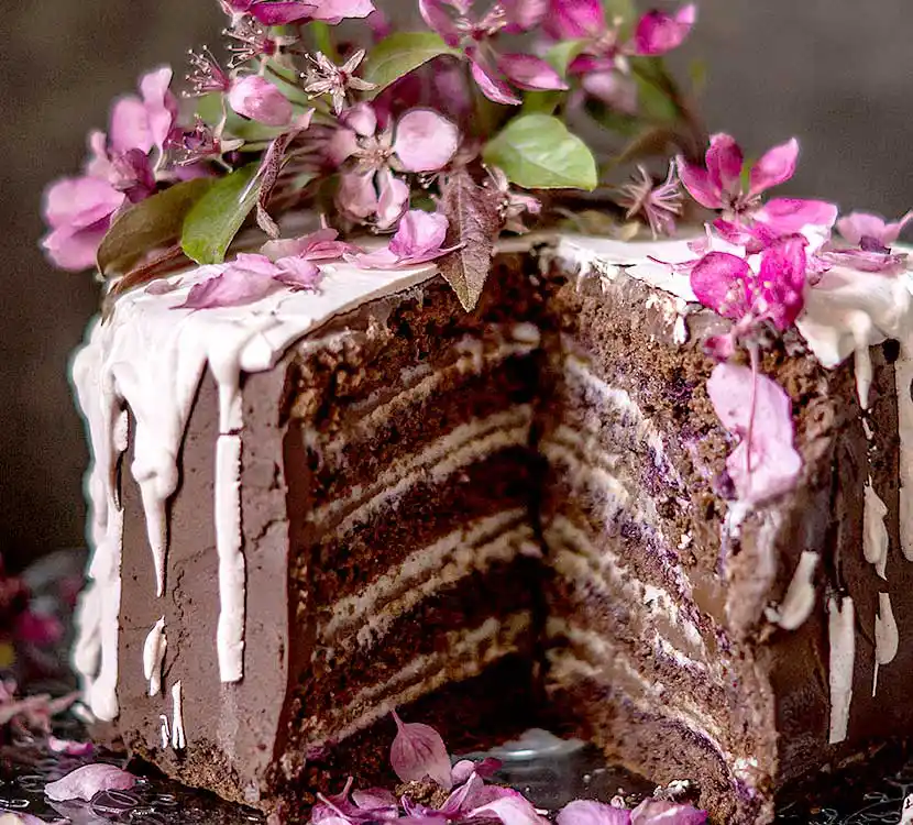 Teller mit angeschnittener Torte mit Blumendekor